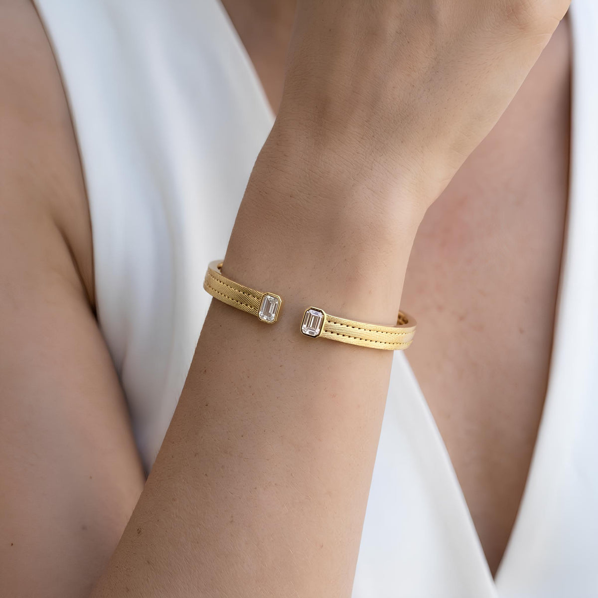 14K / 18K Solid Gold Emerald Cut Zircon Open Bangle