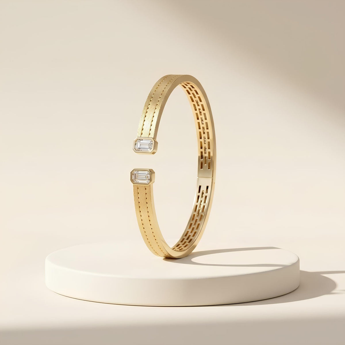 14K / 18K Solid Gold Emerald Cut Zircon Open Bangle