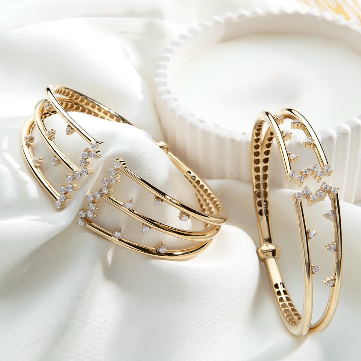 14K Solid Gold Multi-Row Scattered Zircon Bangle