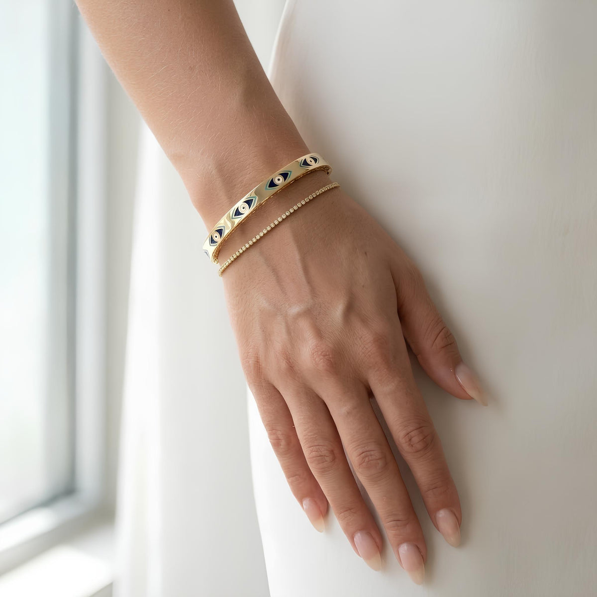 14K / 18K Solid Gold Evil Eye Enamel Bangle