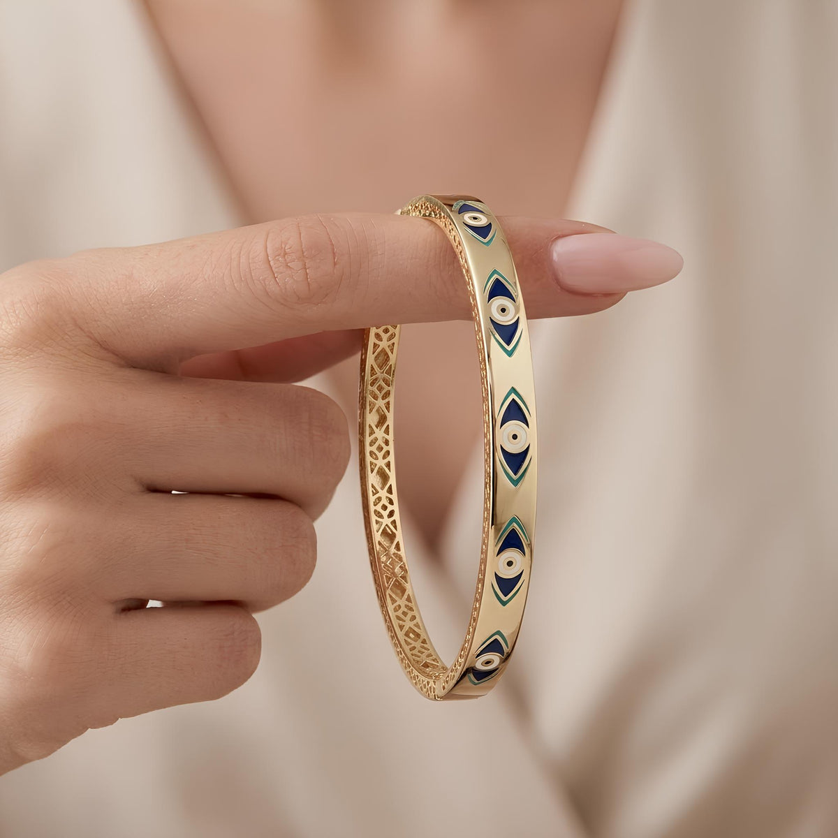 14K / 18K Solid Gold Evil Eye Enamel Bangle