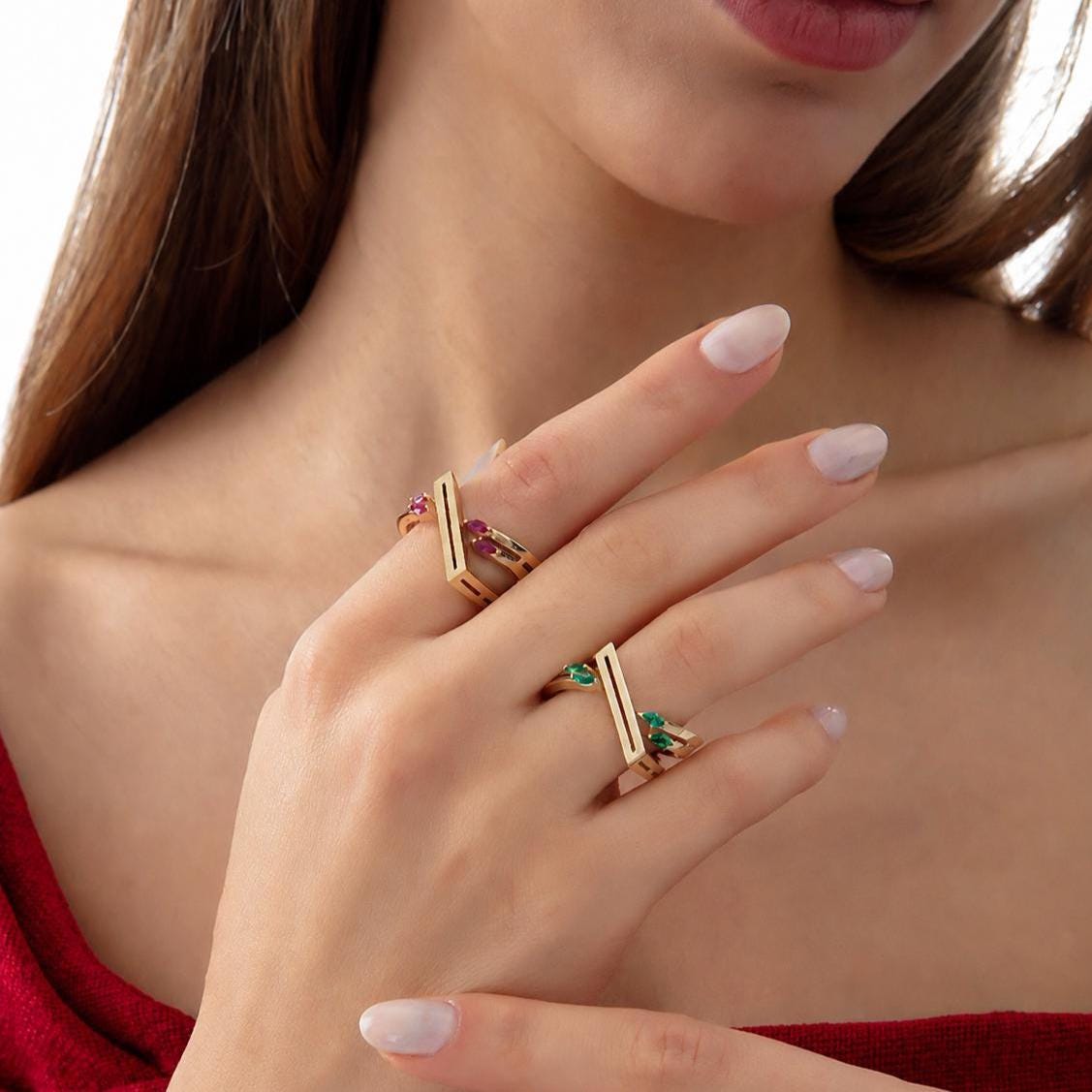 14K / 18K Solid Gold Marquise Gemstone Ring