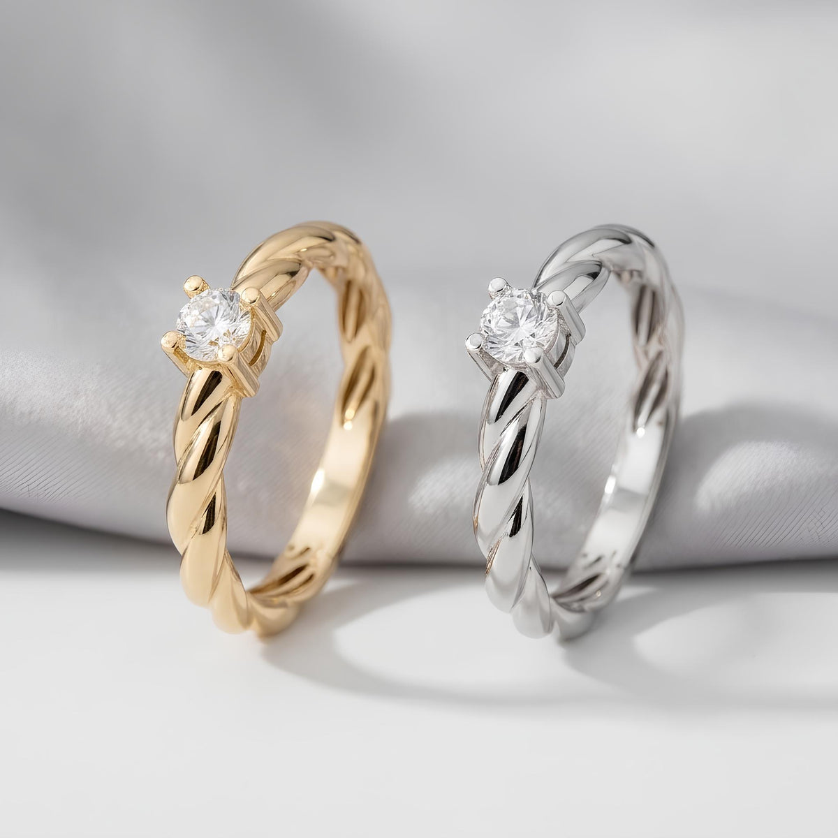 14K / 18K Solid Gold Twisted Rope Solitaire Ring
