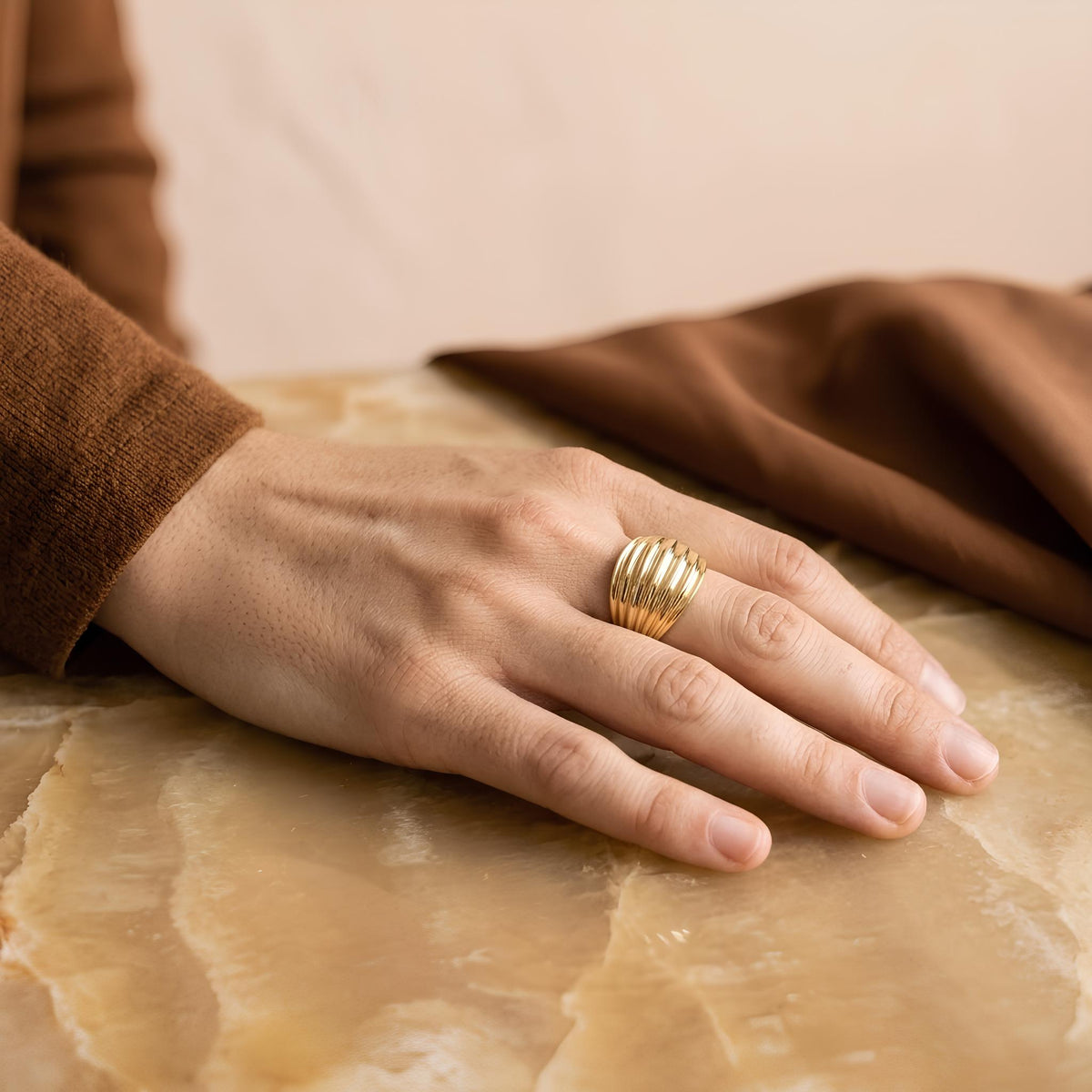 14K / 18K Solid Gold Ribbed Dome Ring