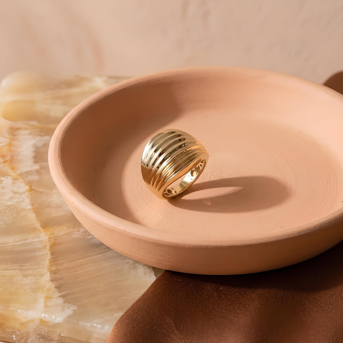 14K / 18K Solid Gold Ribbed Dome Ring