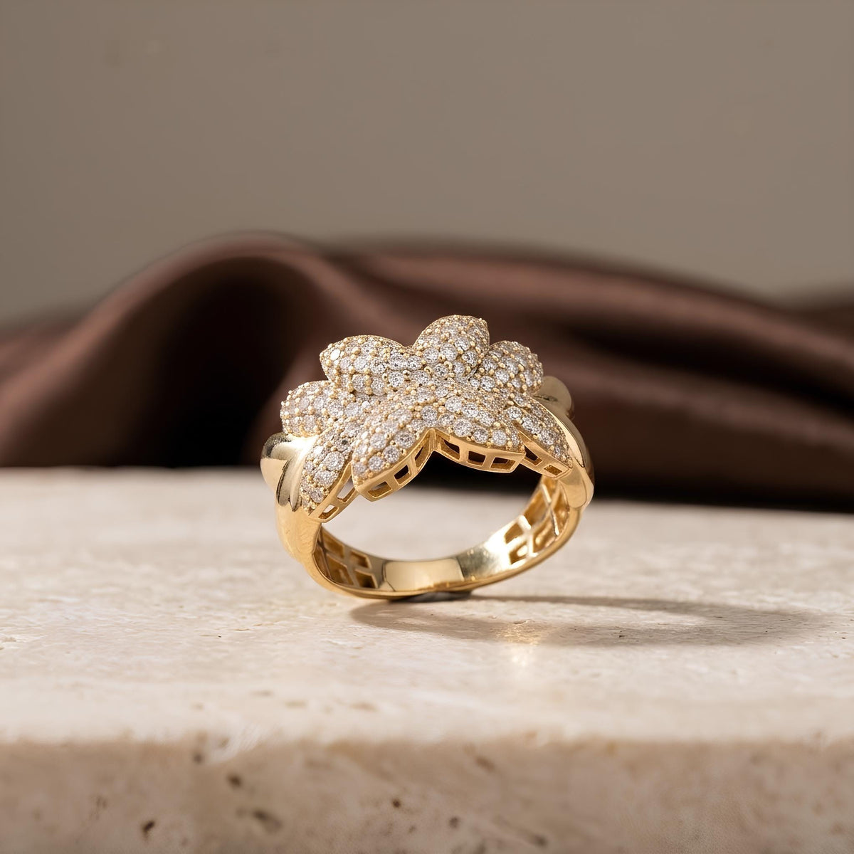 14K / 18K Solid Gold Pave Flower Ring