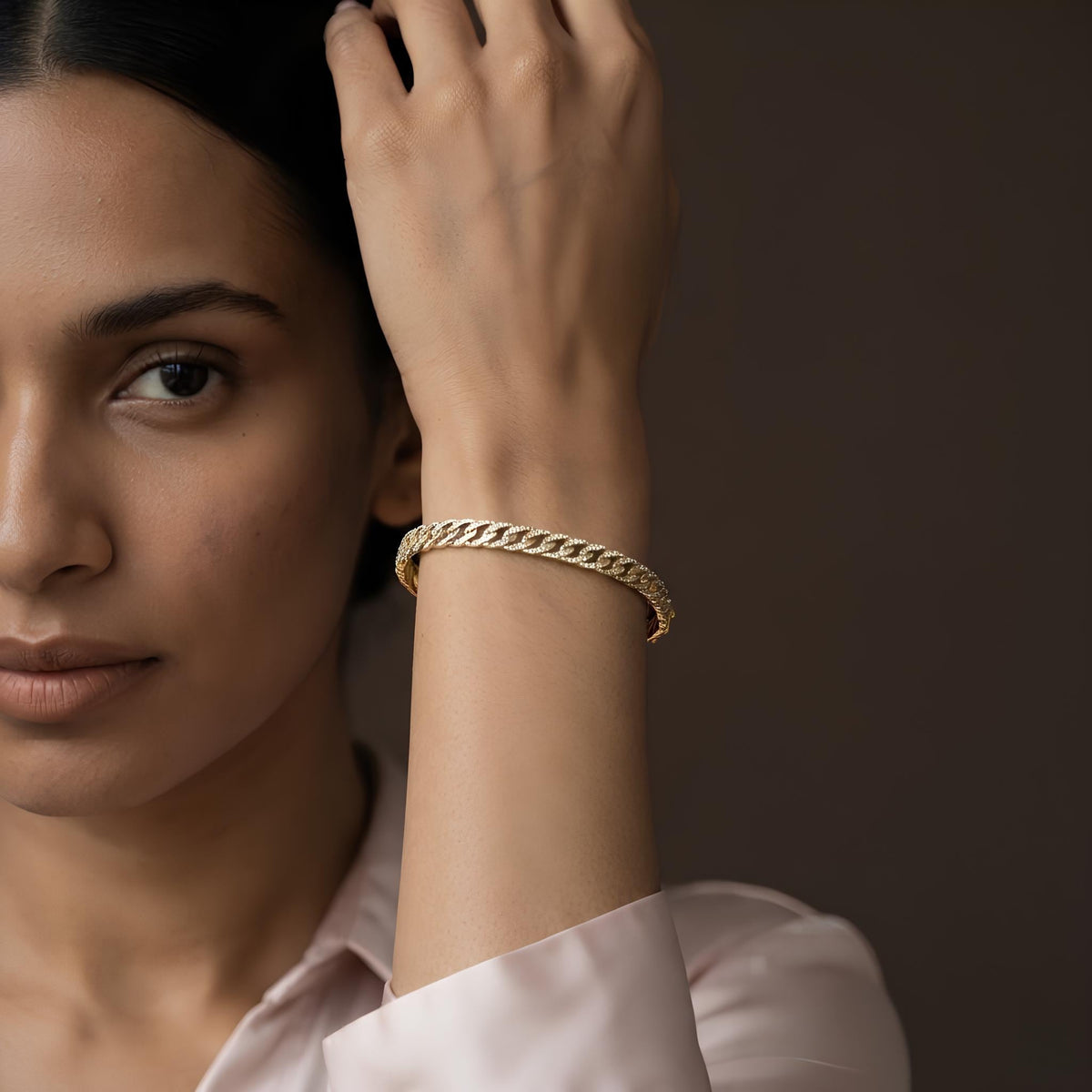 14K / 18K Solid Gold Pave Zircon Curb Bangle