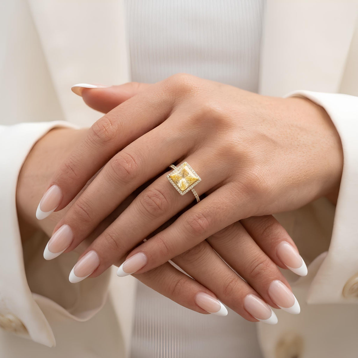 14K / 18K Solid Gold Yellow Zircon Halo Ring