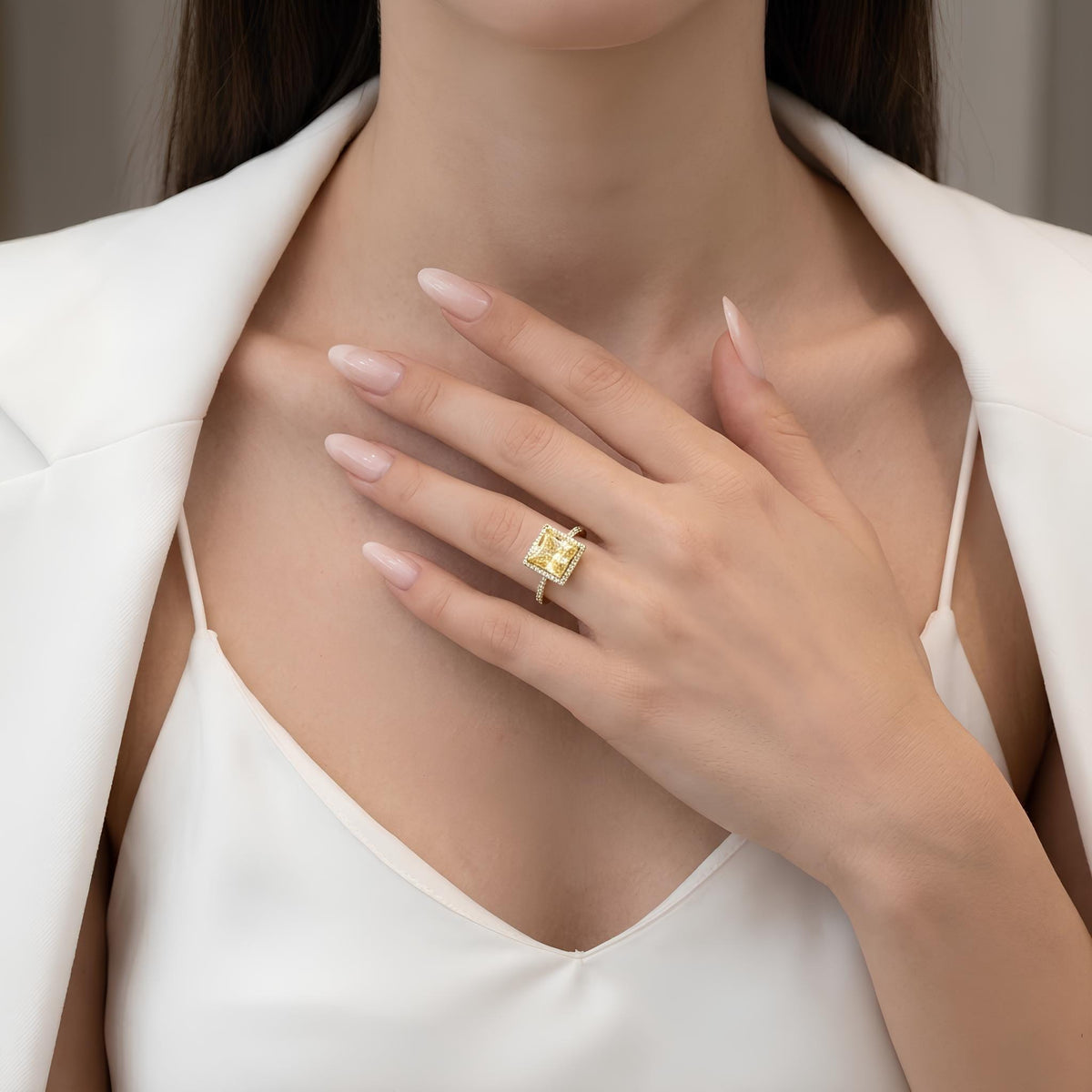 14K / 18K Solid Gold Yellow Zircon Halo Ring