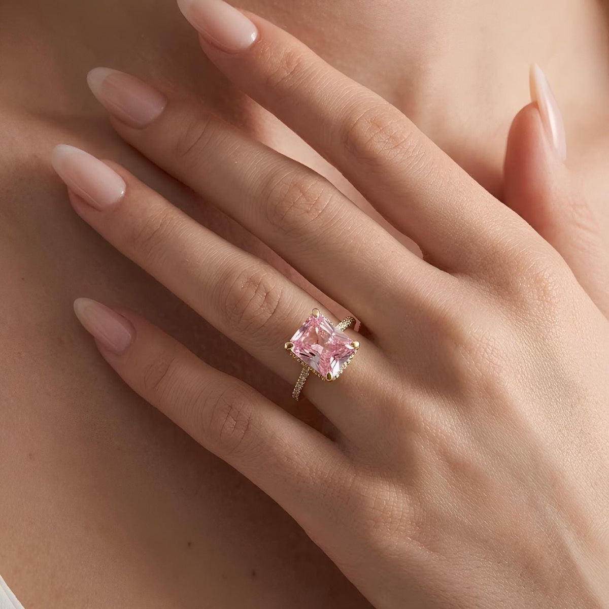 14K / 18K Solid Gold Pink Zircon Halo Ring