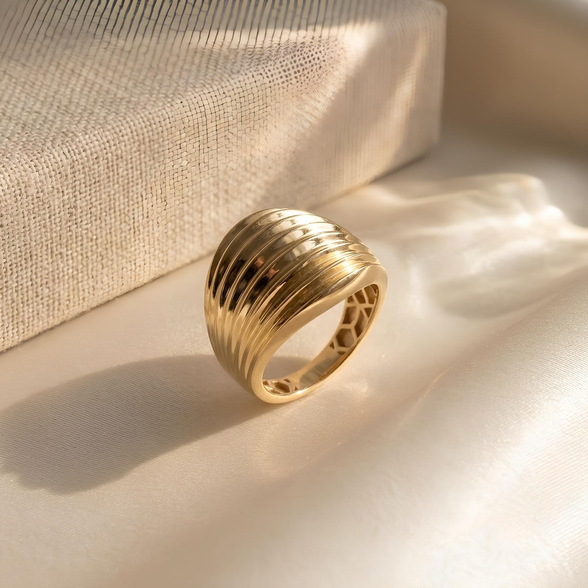 14K / 18K Solid Gold Ribbed Dome Ring