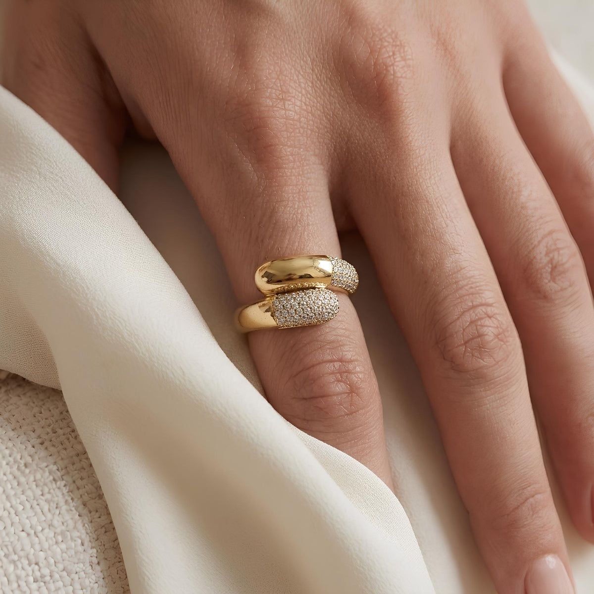 14K / 18K Solid Gold Pave Crossover Ring