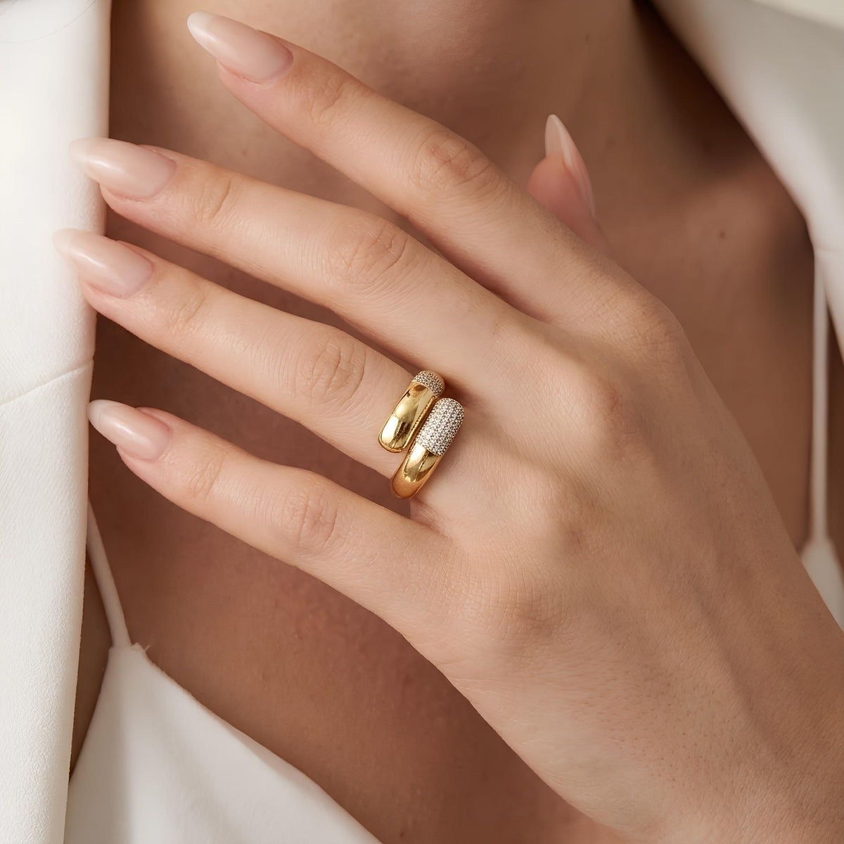 14K / 18K Solid Gold Pave Crossover Ring