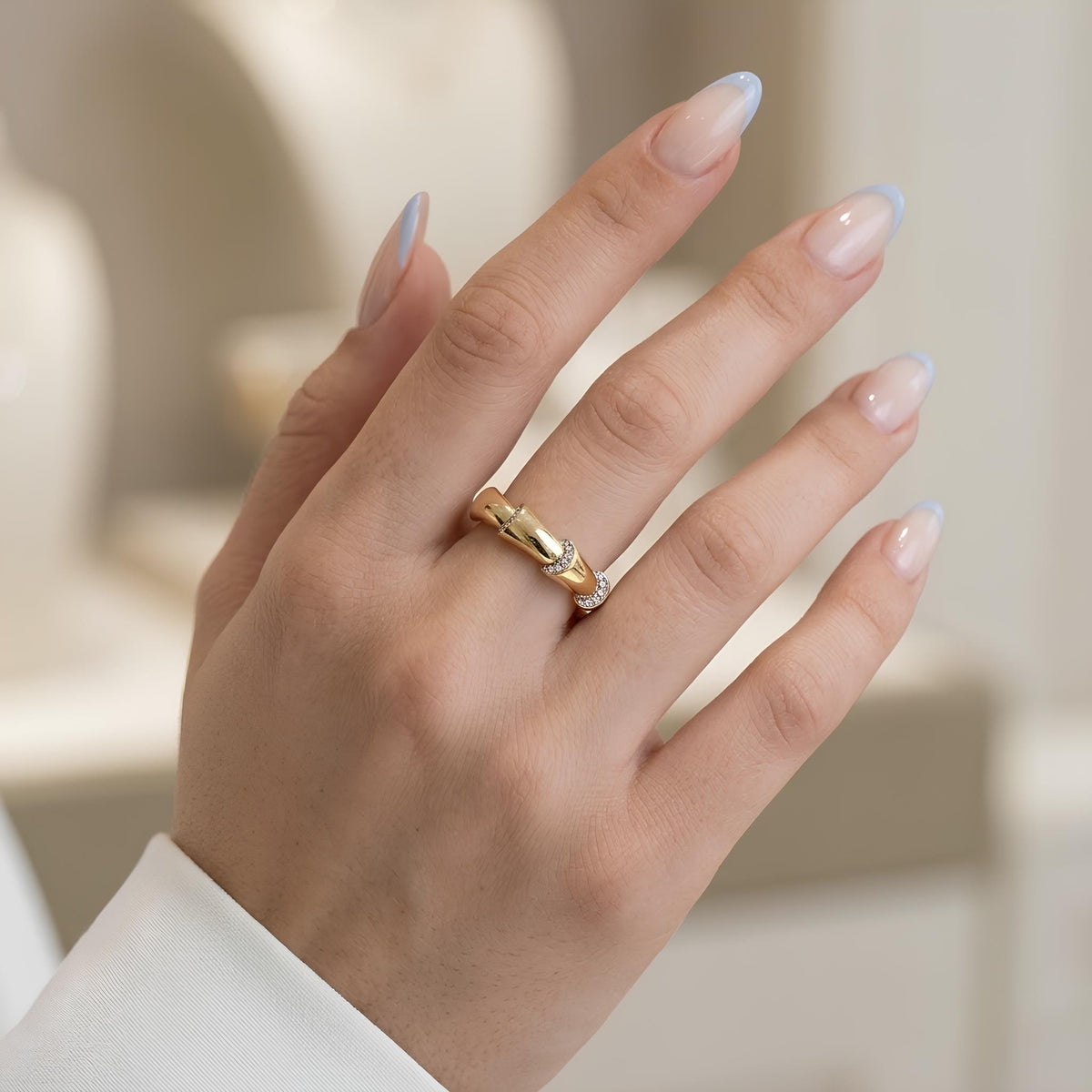 14K / 18K Solid Gold Pave Bamboo Ring
