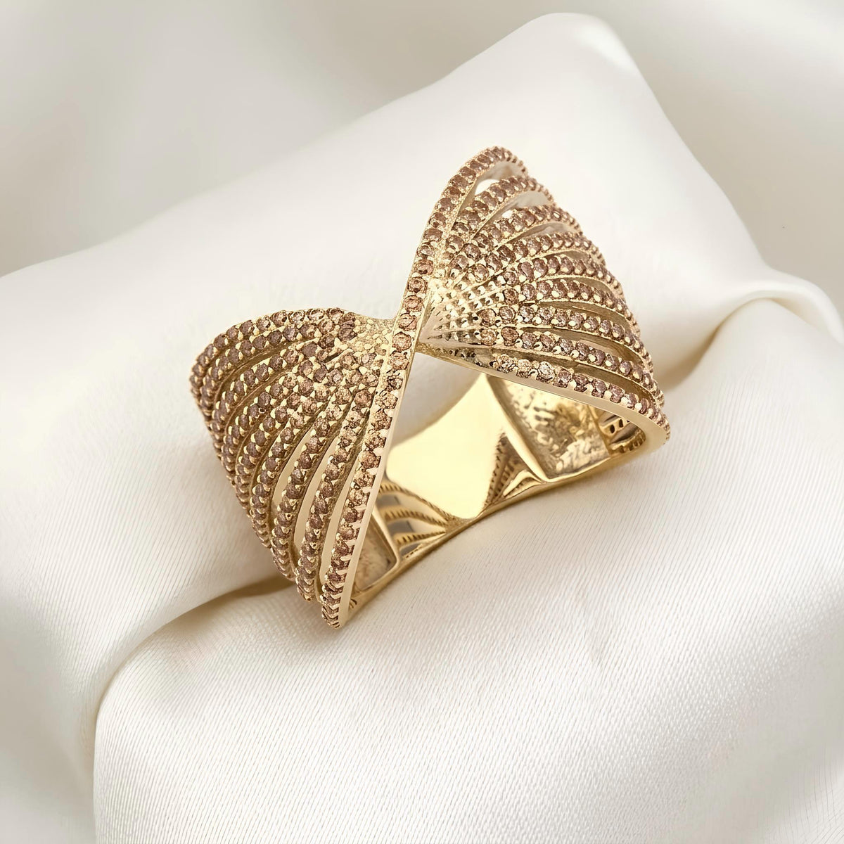 14K / 18K Solid Gold Pave Angel Wing Ring
