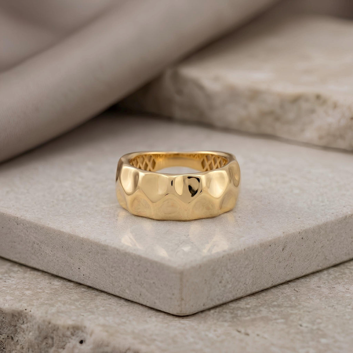 14K / 18K Solid Gold Hammered Dome Ring