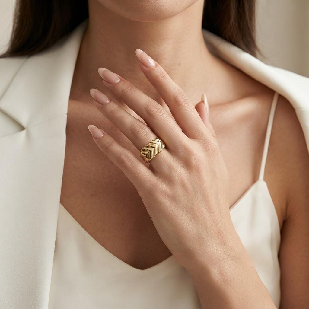 14K / 18K Solid Gold Chevron Dome Ring