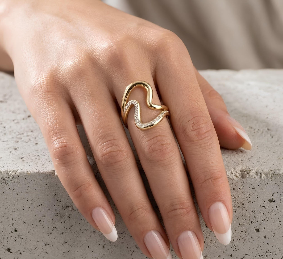 14K / 18K Solid Gold Abstract Zircon Ring