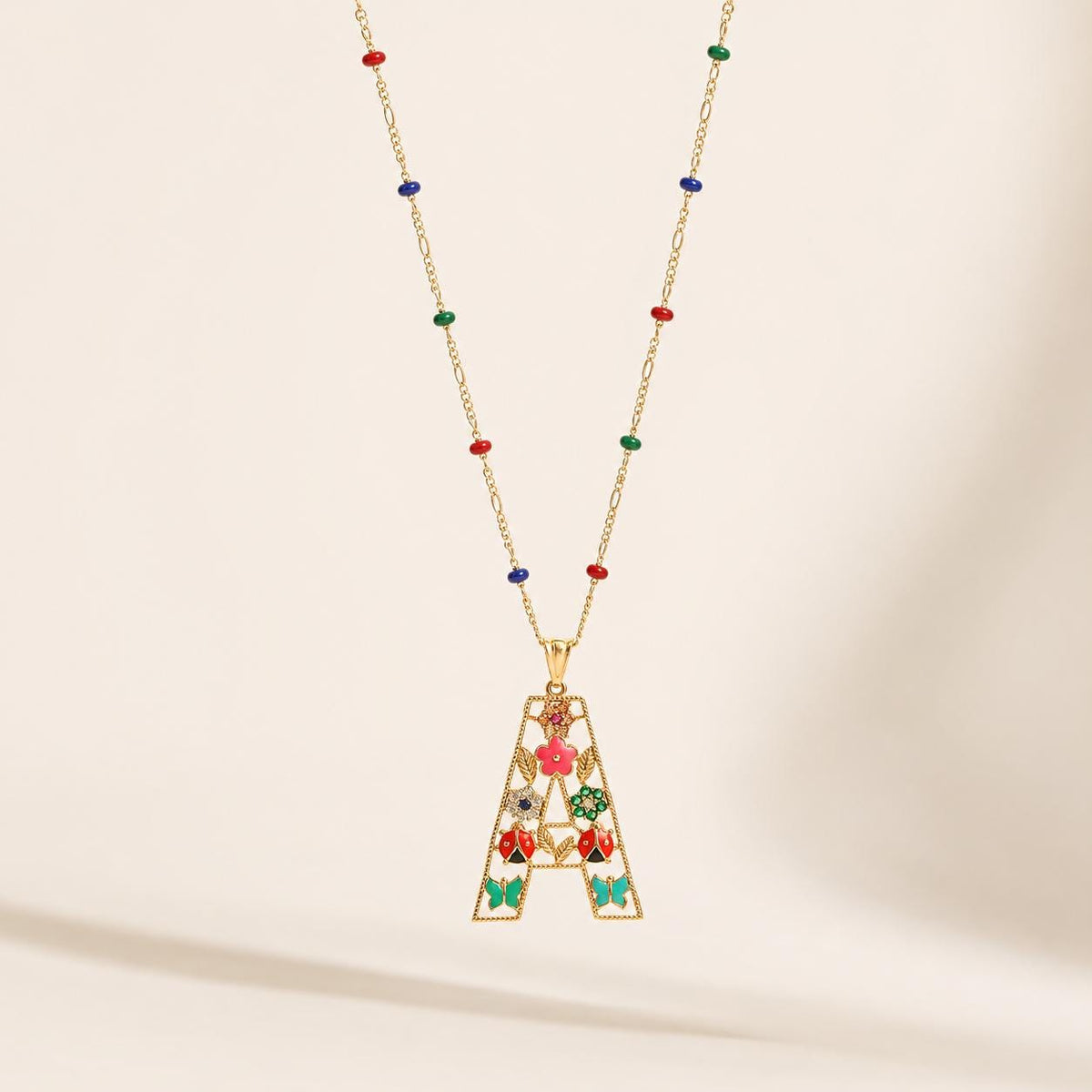 14K Solid Gold Colorful Initial Necklace