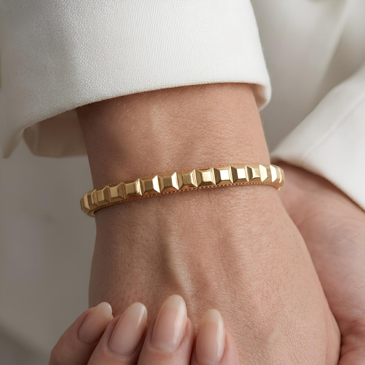 14K / 18K Solid Gold Pave Pyramid Stud Bangle