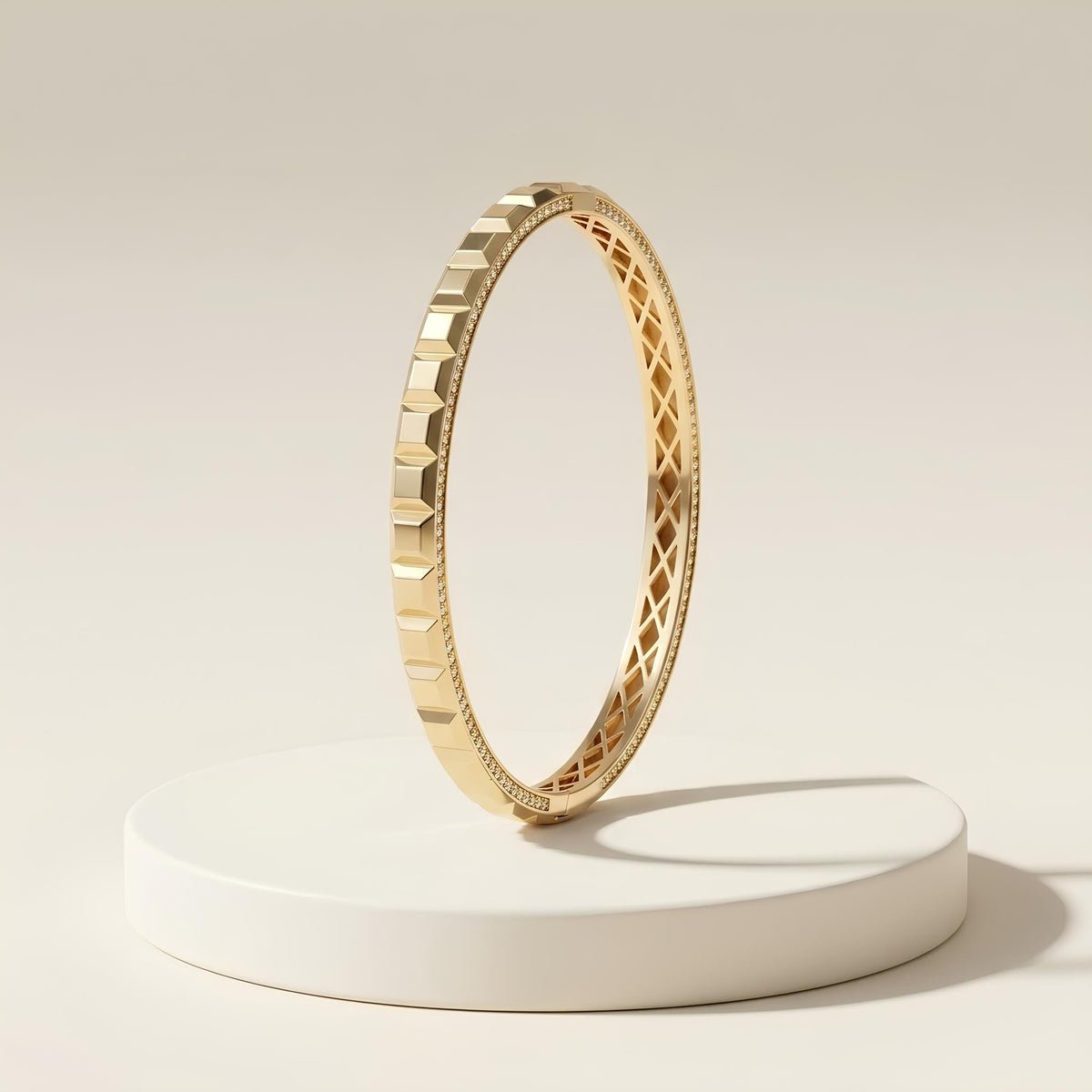 14K / 18K Solid Gold Pave Pyramid Stud Bangle