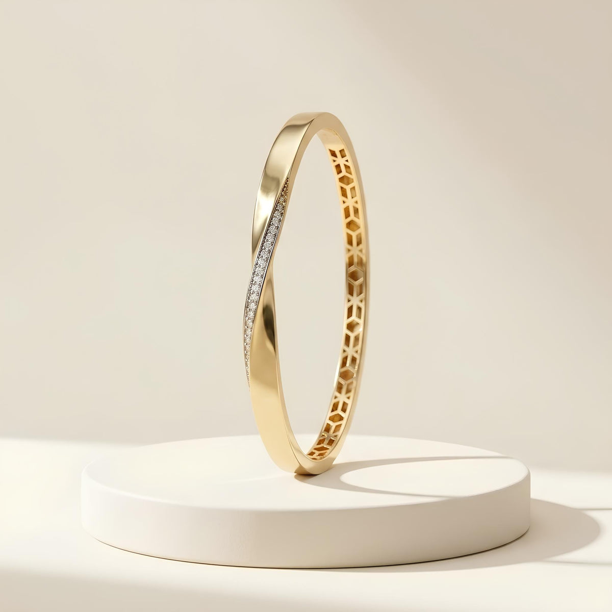 14K / 18K Solid Gold Twisted Pave Bangle