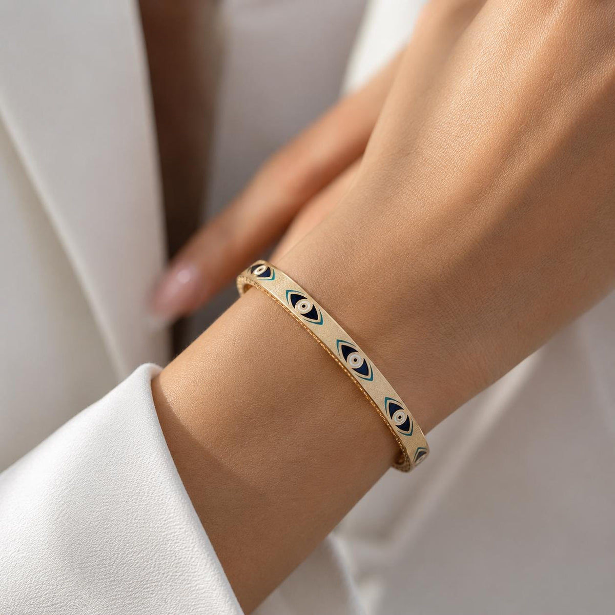 14K / 18K Solid Gold Evil Eye Enamel Bangle
