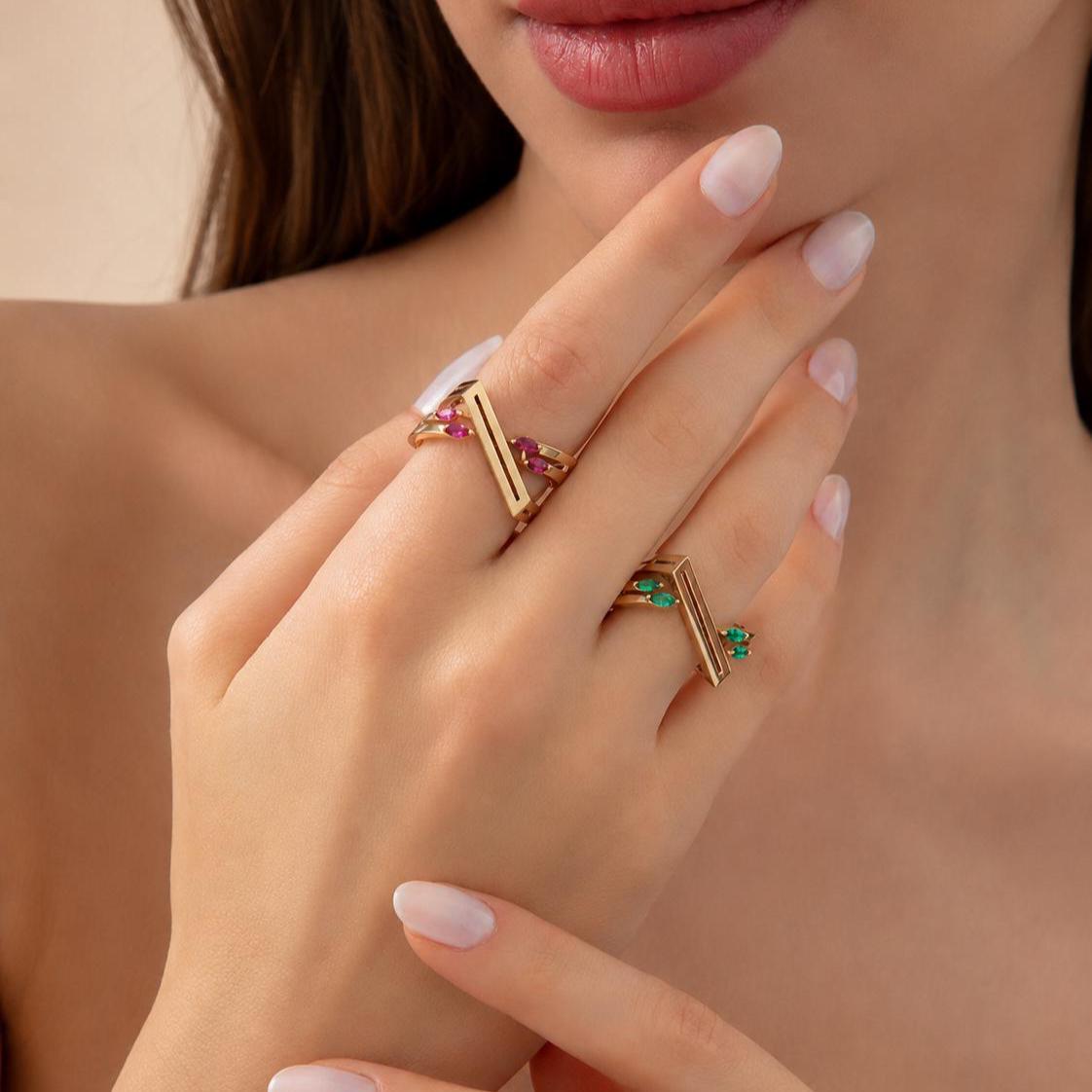 14K / 18K Solid Gold Marquise Gemstone Ring