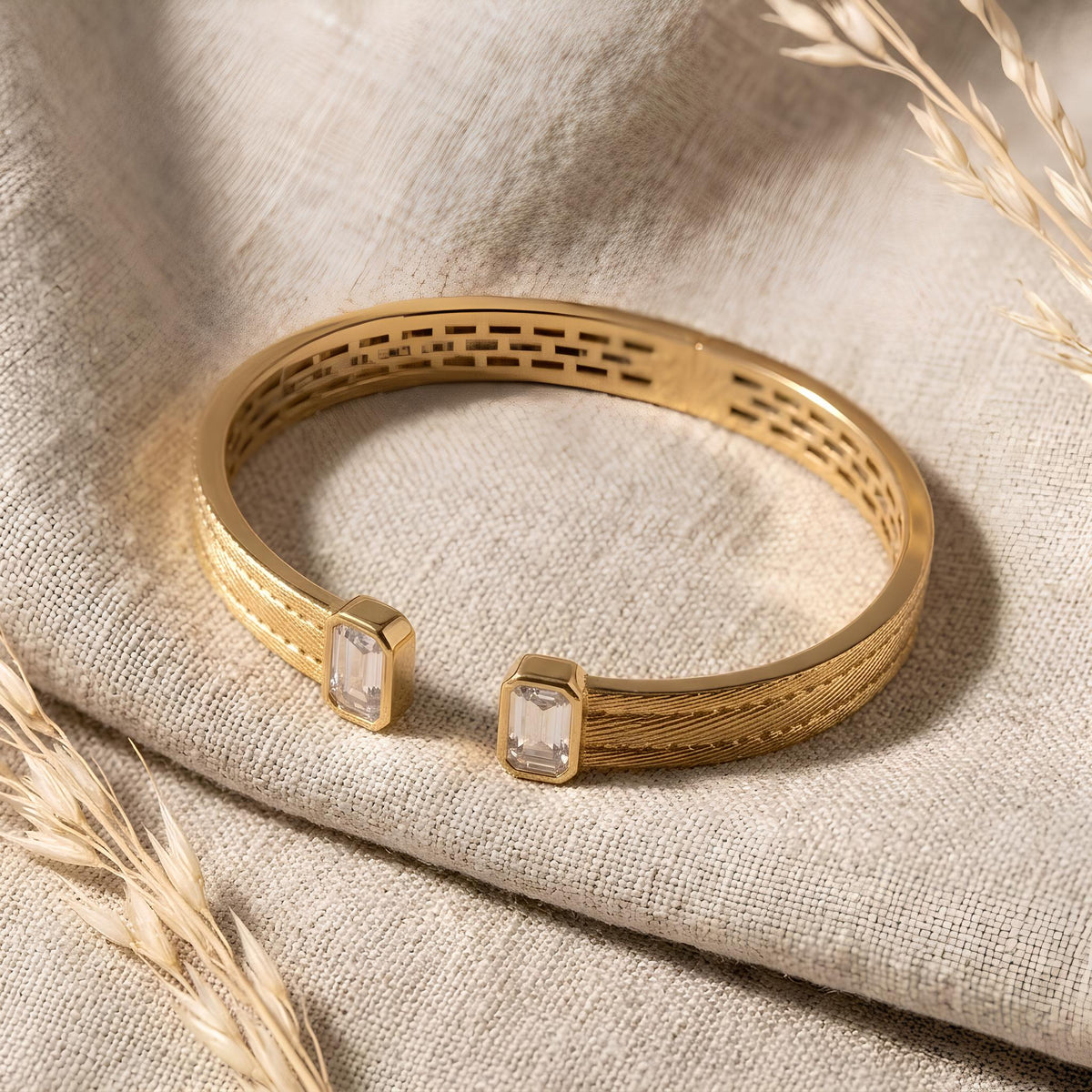 14K / 18K Solid Gold Emerald Cut Zircon Open Bangle