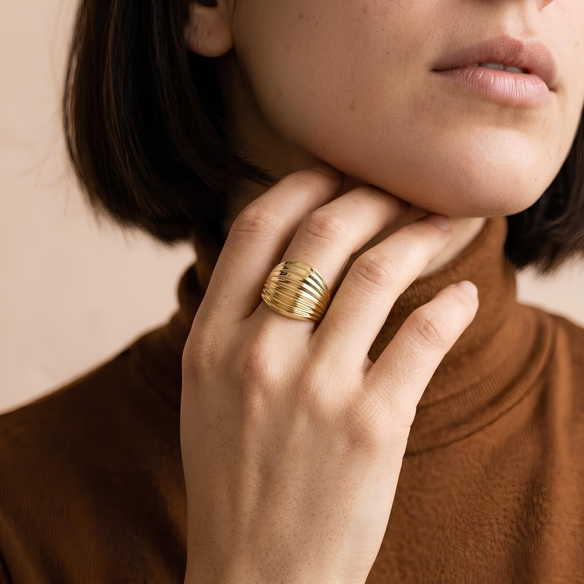 14K / 18K Solid Gold Ribbed Dome Ring