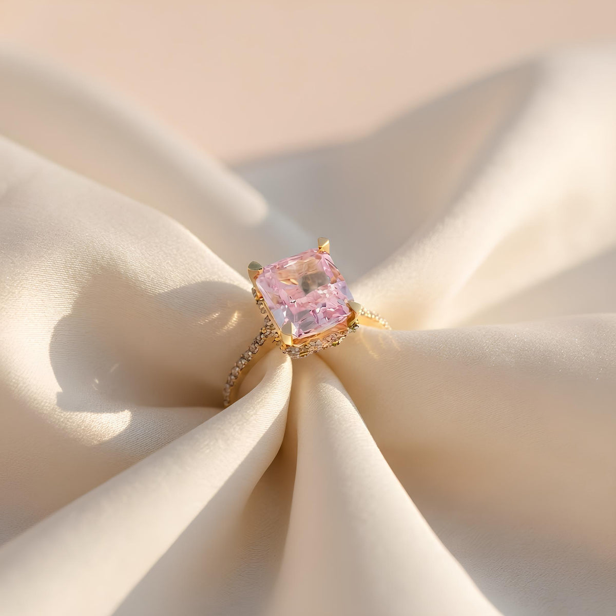 14K / 18K Solid Gold Pink Zircon Halo Ring