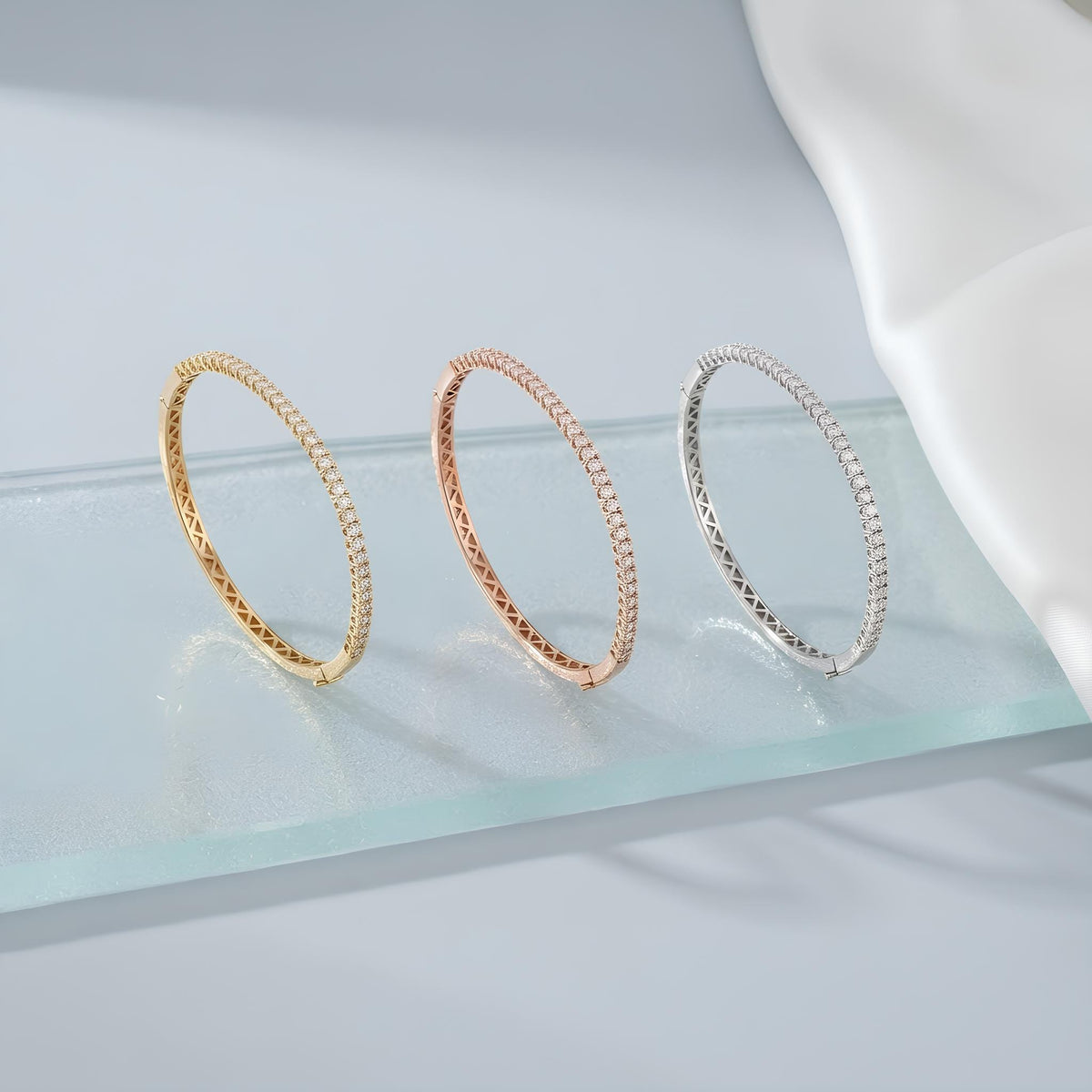 14K / 18K Solid Gold Pave Zircon Tennis Bangle