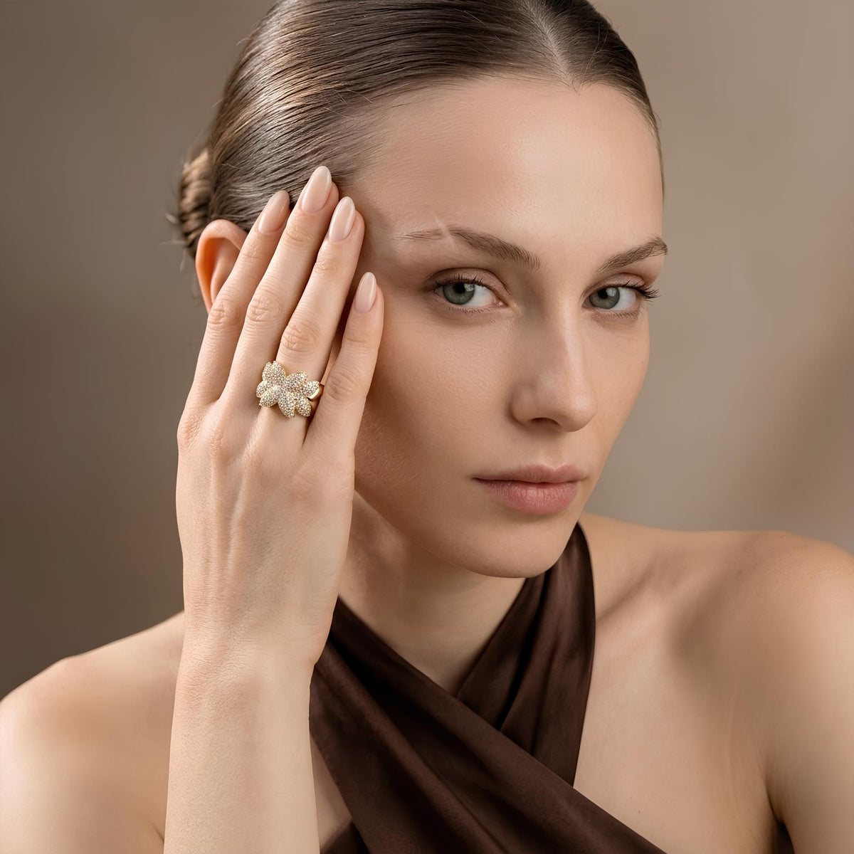 14K / 18K Solid Gold Pave Flower Ring