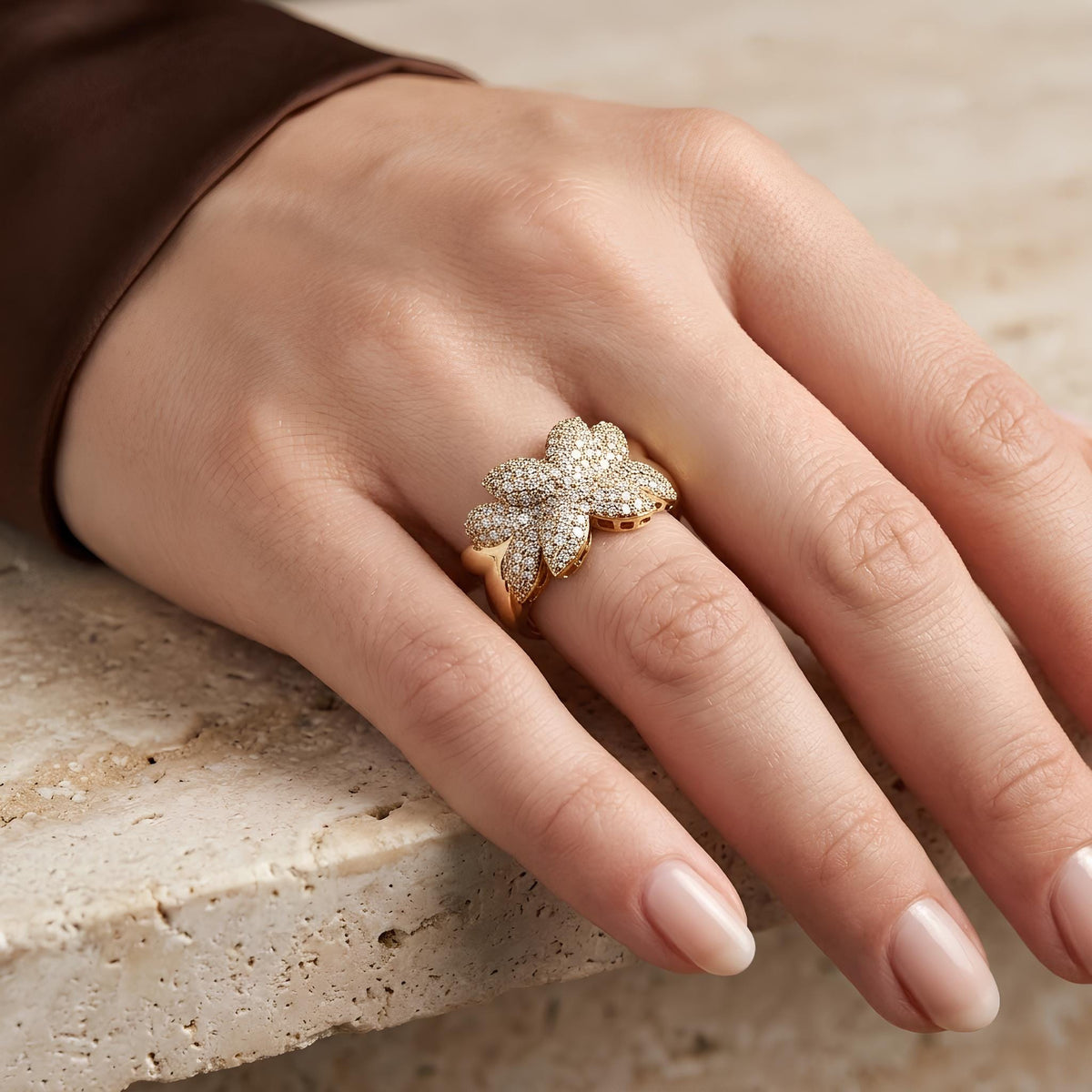 14K / 18K Solid Gold Pave Flower Ring