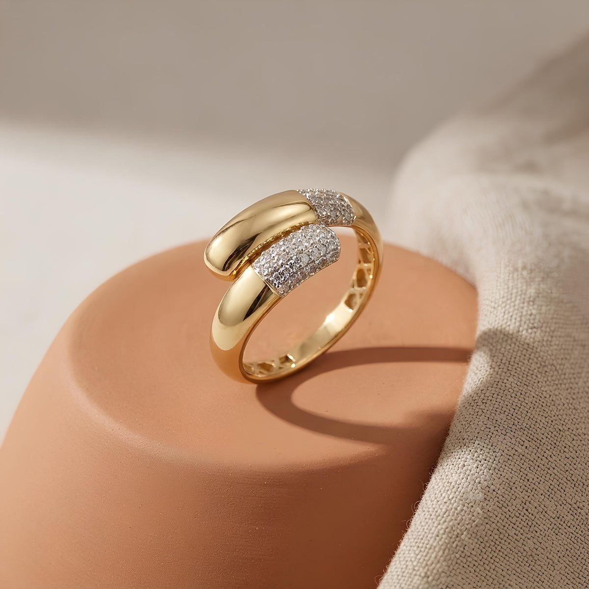 14K / 18K Solid Gold Pave Crossover Ring