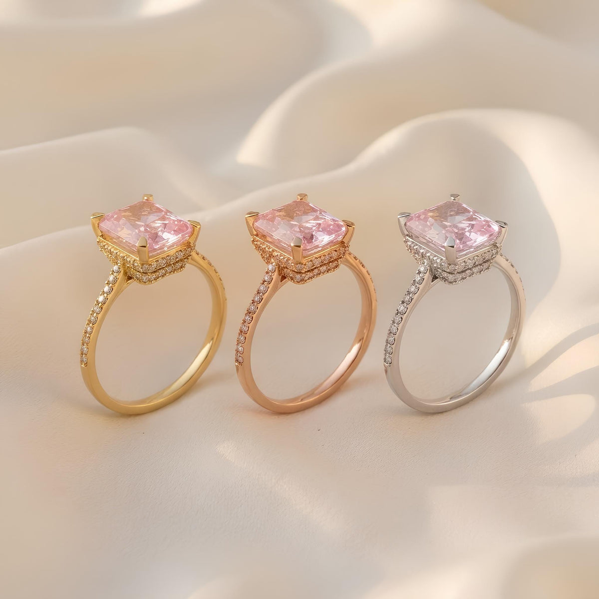 14K / 18K Solid Gold Pink Zircon Halo Ring