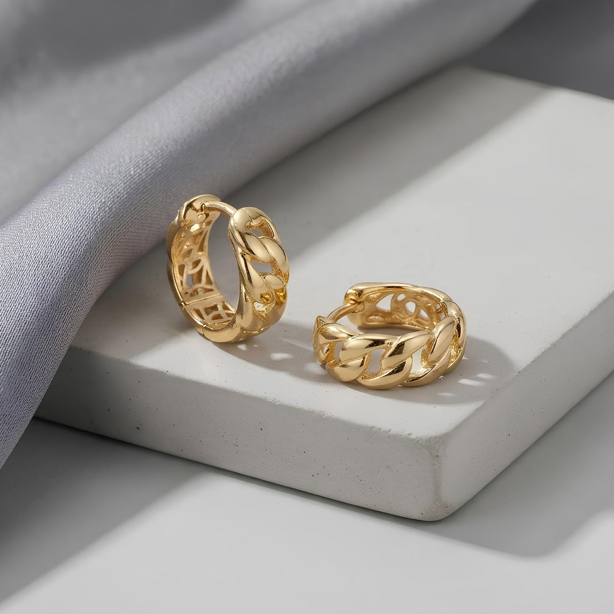 14K / 18K Solid Gold Cuban Link Hoop Earrings