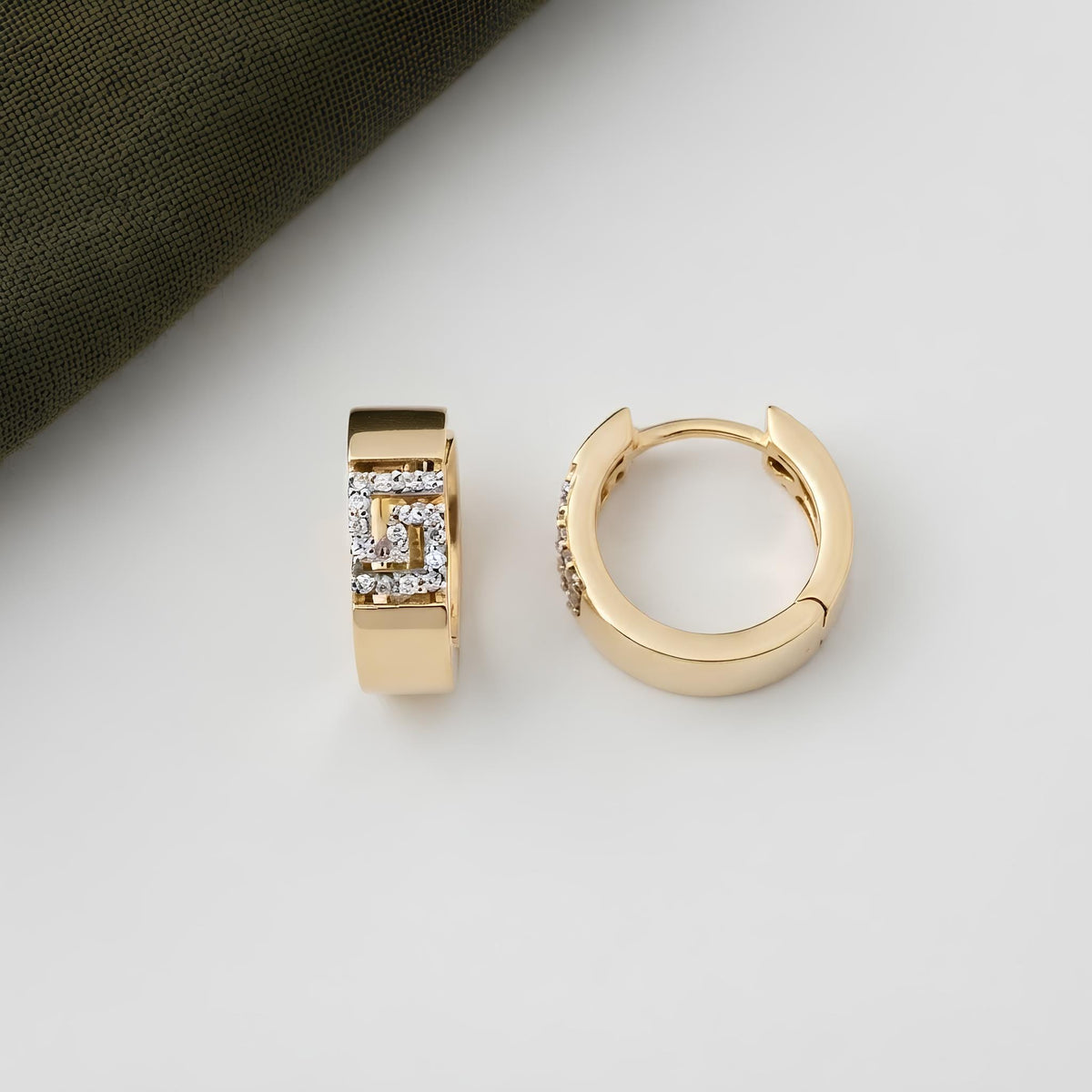 14K / 18K Solid Gold Greek Key Huggie Earrings