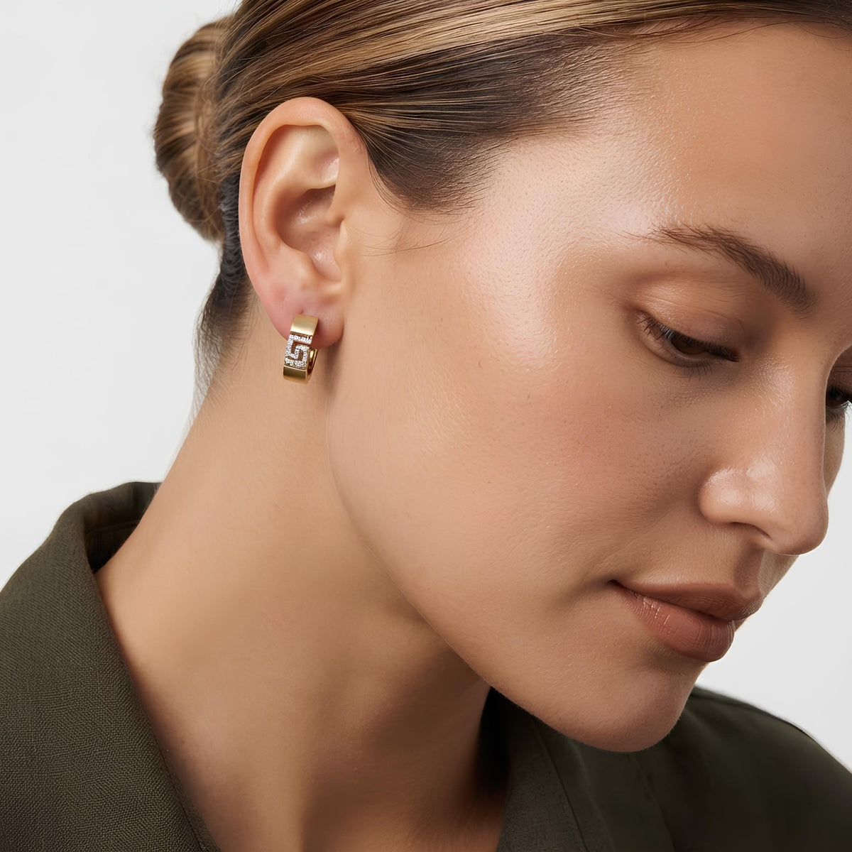 14K / 18K Solid Gold Greek Key Huggie Earrings