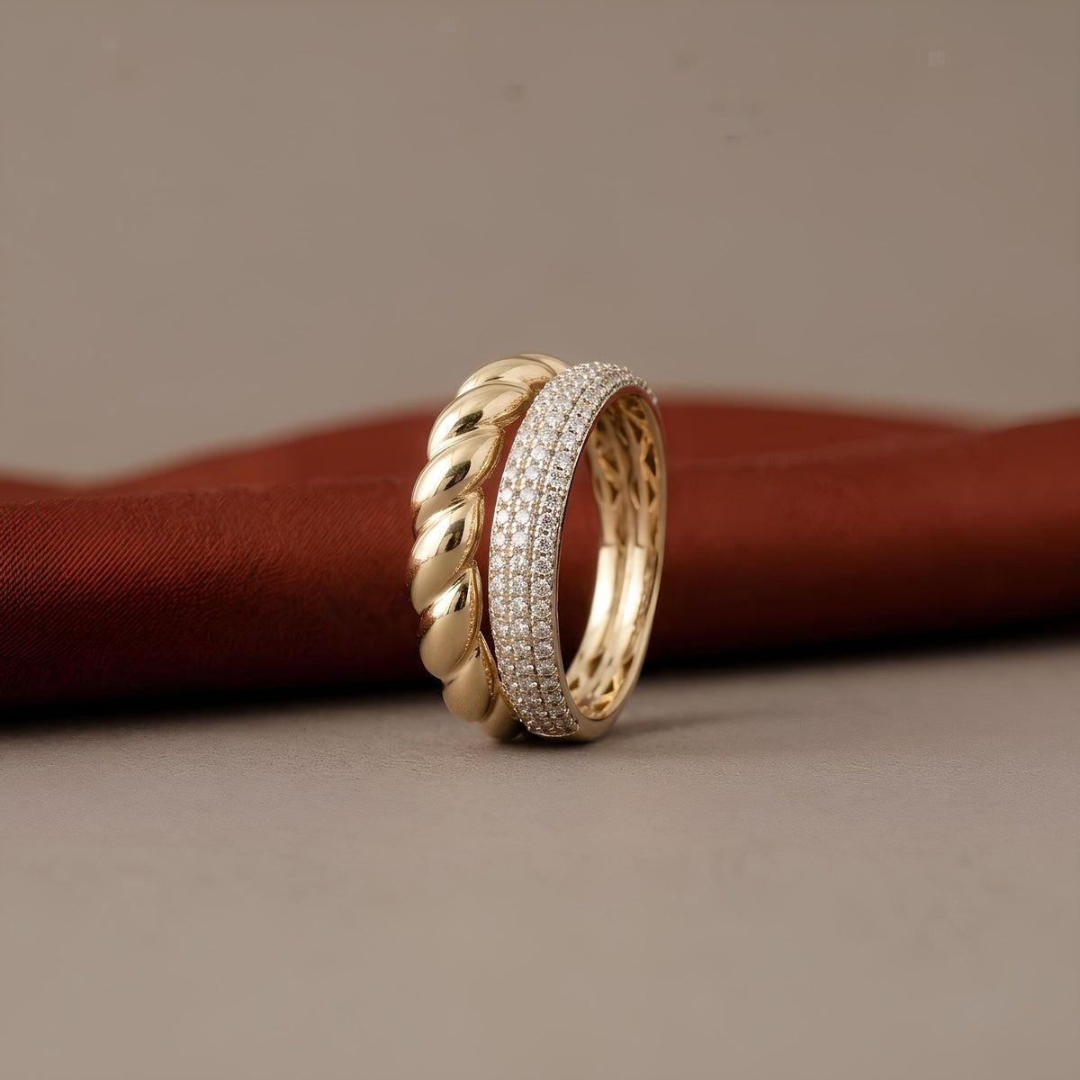 14K / 18K Solid Gold Pave Twisted Band Ring