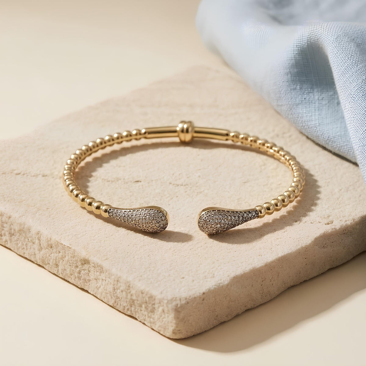 14K / 18K Solid Gold Pave Teardrop Bangle