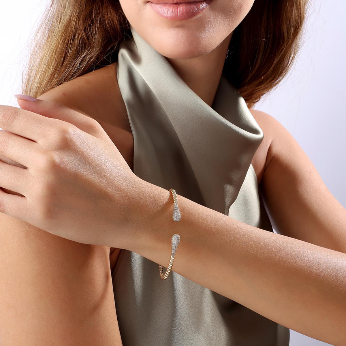 14K / 18K Solid Gold Pave Teardrop Bangle