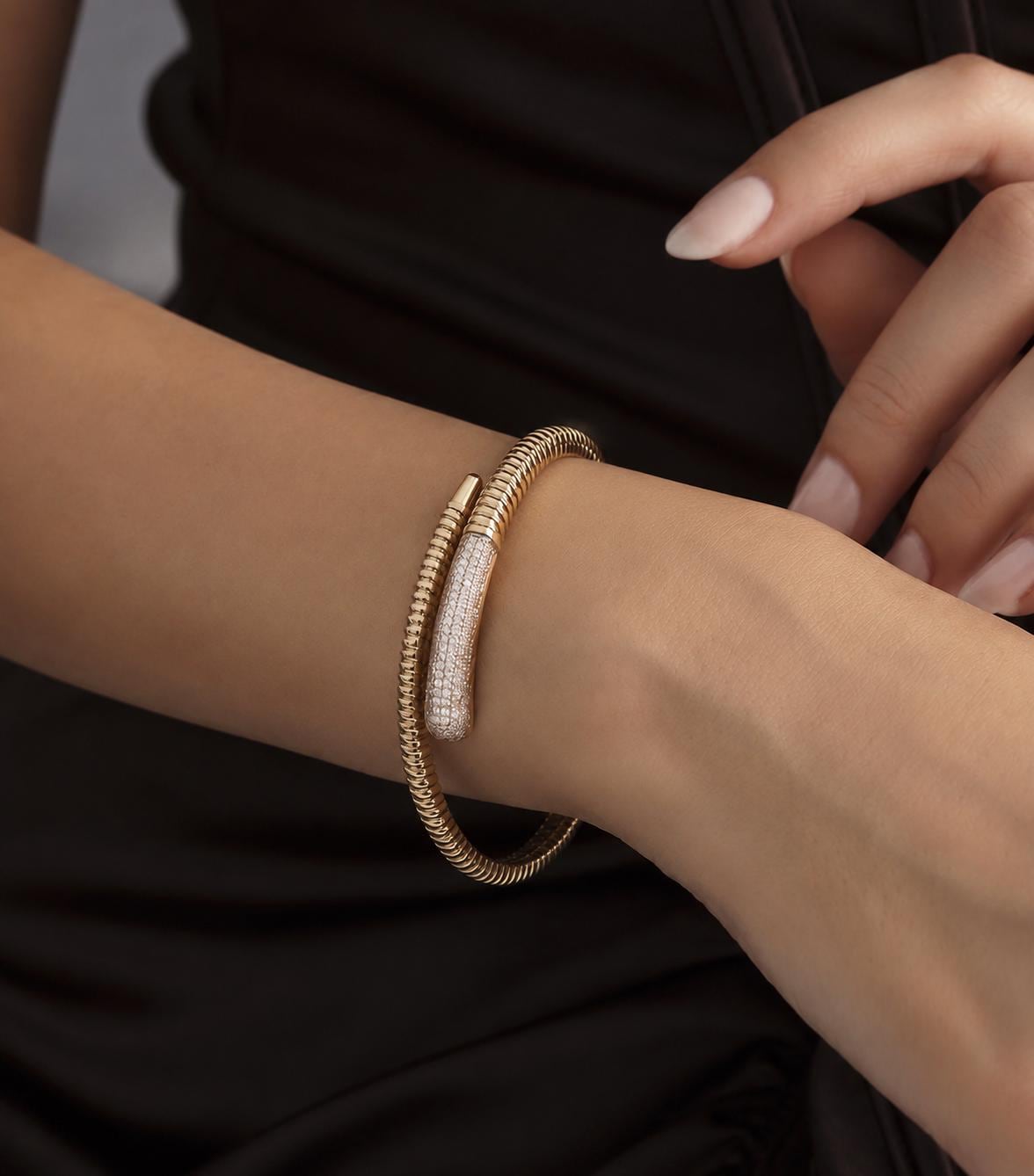 14K / 18K Solid Gold Zircon Bypass Bangle