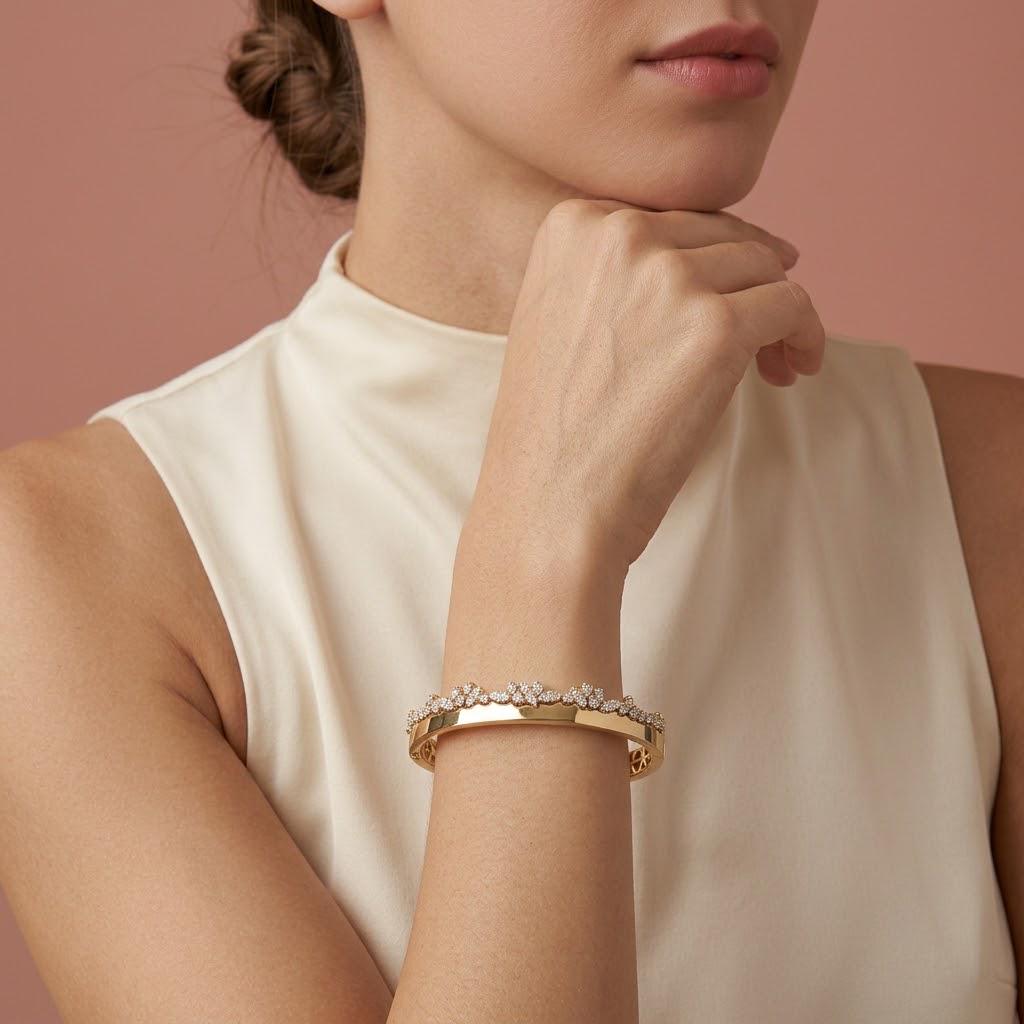 14K / 18K Solid Gold Pave Zircon Vine Bangle