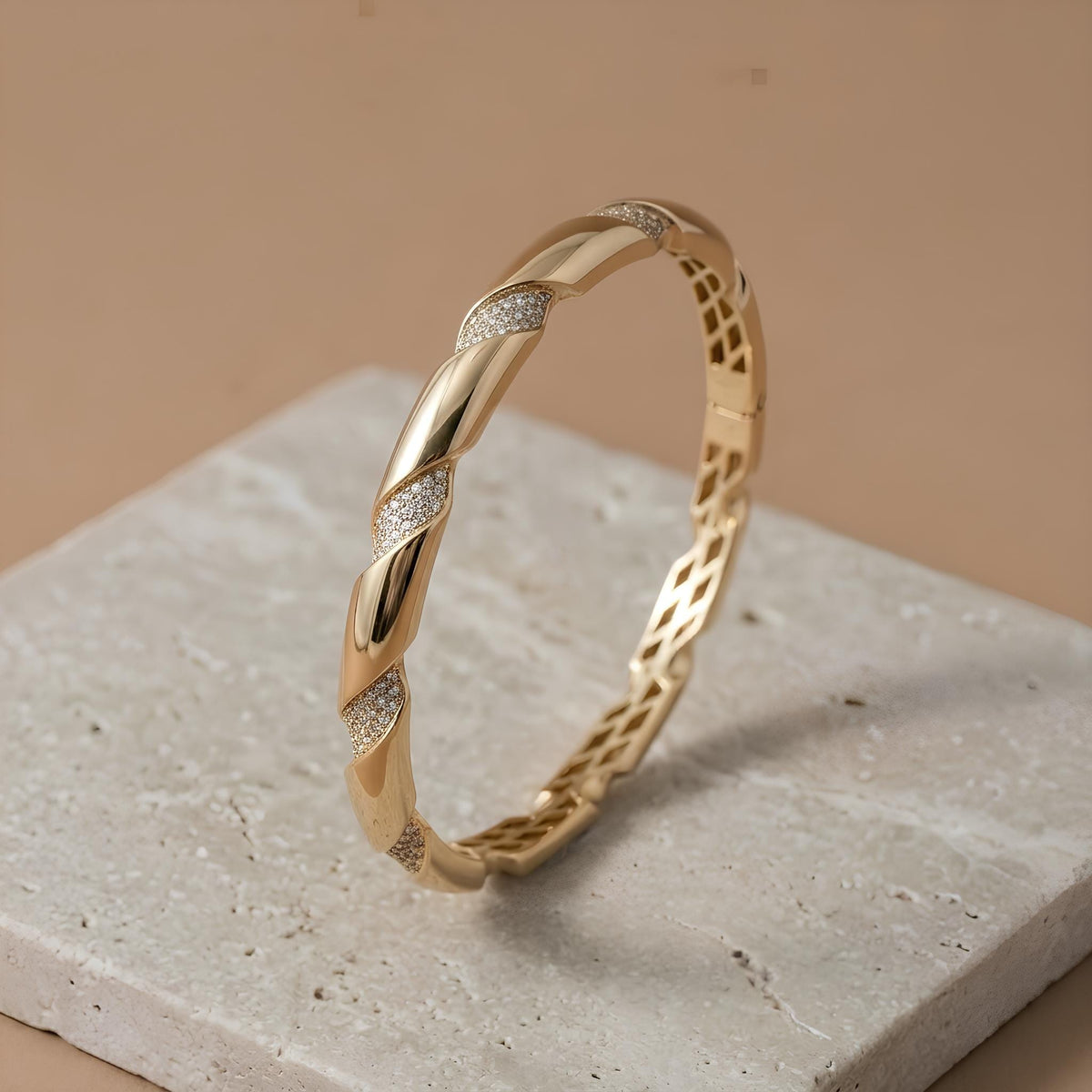 14K / 18K Solid Gold Twisted Pave Zircon Bangle