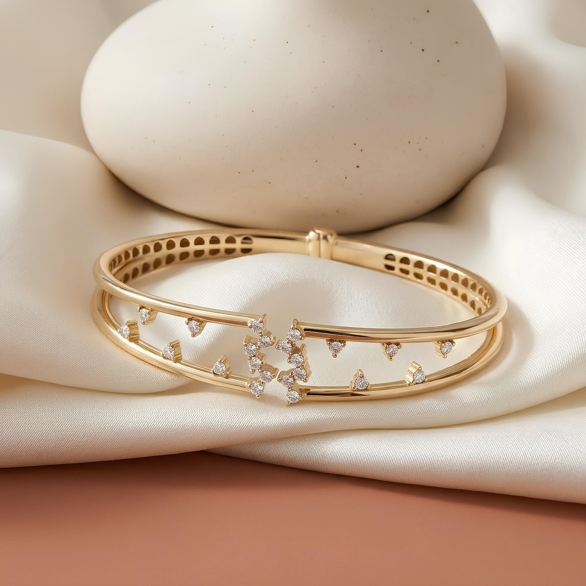 14K Solid Gold Multi-Row Scattered Zircon Bangle