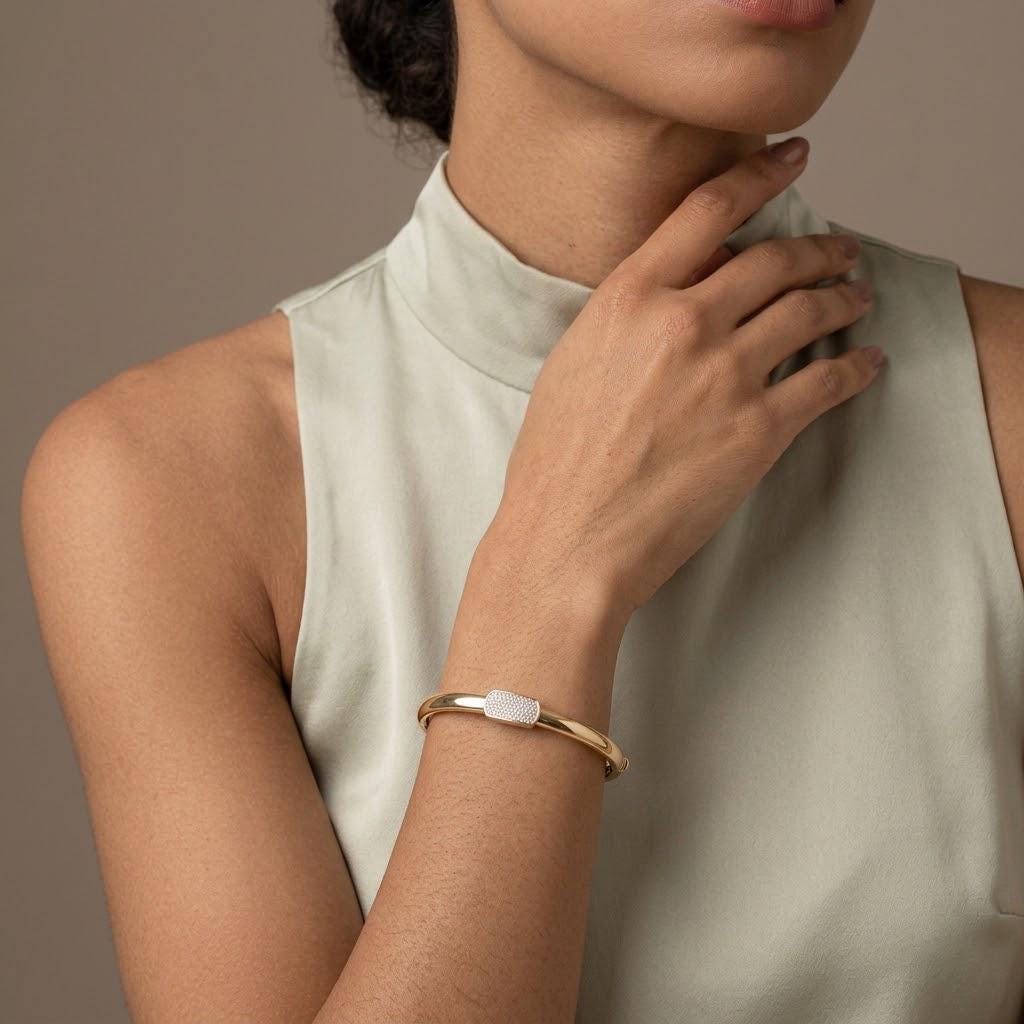 14K / 18K Solid Gold Pave Bar Bangle