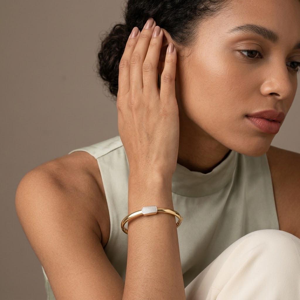 14K / 18K Solid Gold Pave Bar Bangle