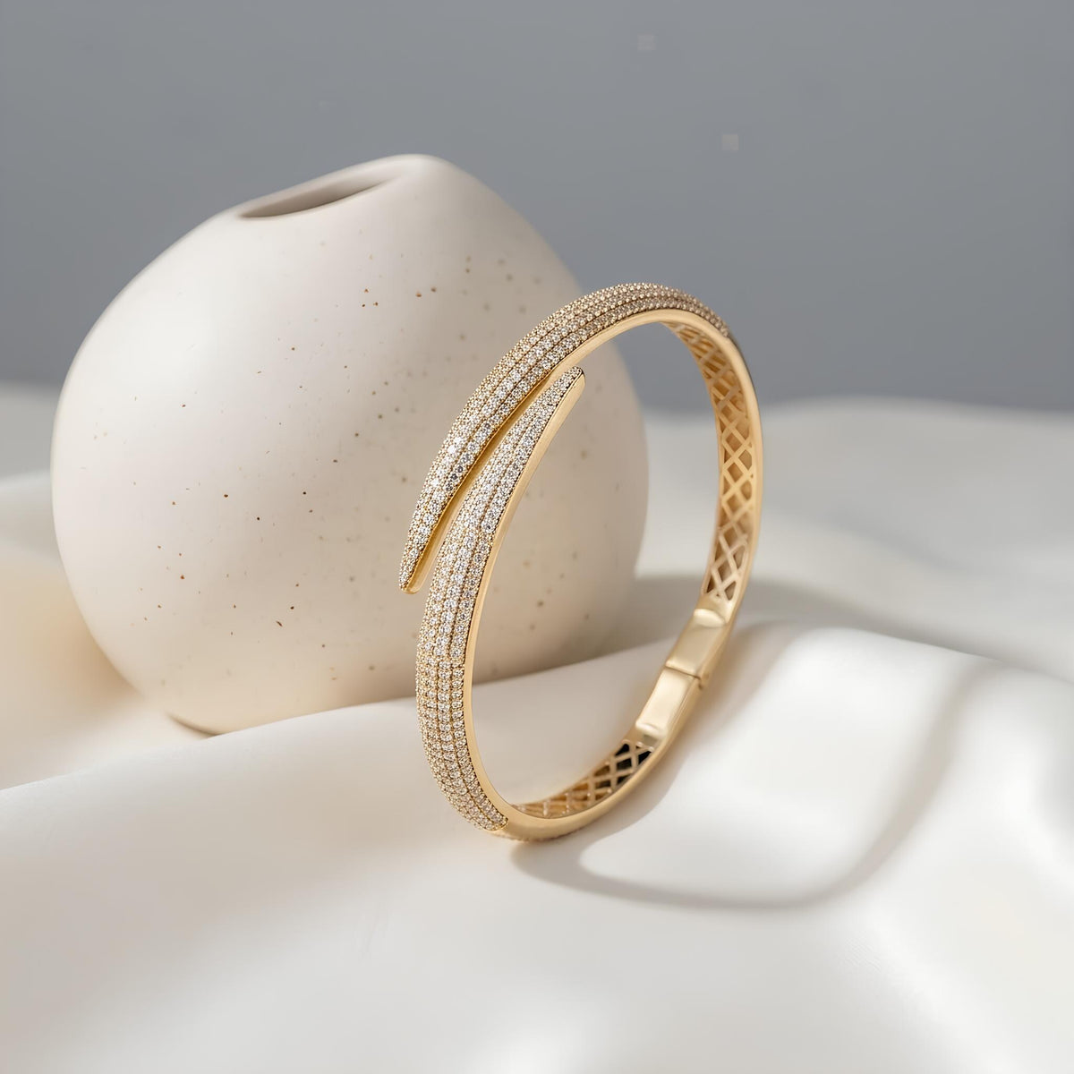 14K / 18K Solid Gold Pave Zircon Wrap Bangle