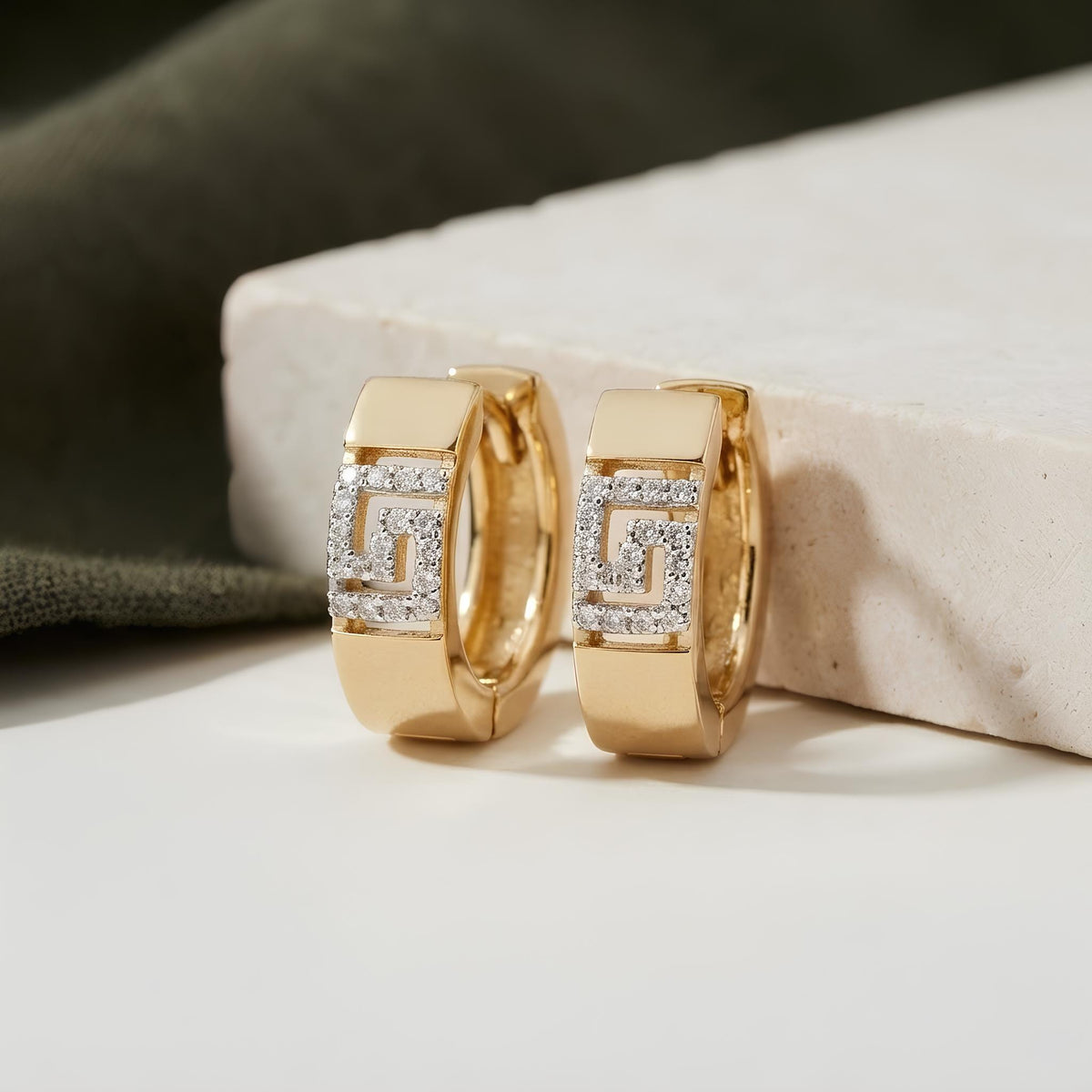 14K / 18K Solid Gold Greek Key Huggie Earrings